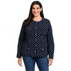 Chaps, Women’s Button Down Jacket 4 Pockets In Front. Navy With Wht Polka Dot 1X